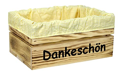 HW HOLZKISTEN-WELT Holzkiste Natur Geflammt mit Aufdruck Dankeschön mit Stoffeinlage Gelb Weiß - Stiege Steige Geschenkverpackung Präsentkorb Geschenk von HW HOLZKISTEN-WELT