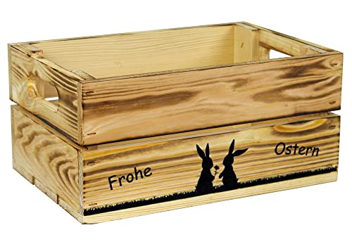 HW HOLZKISTEN-WELT Holzkiste Natur Geflammt mit Aufdruck Frohe Ostern Hasenpärchen - Osterkiste Geschenkverpackung Präsentkorb Geschenk von HW HOLZKISTEN-WELT