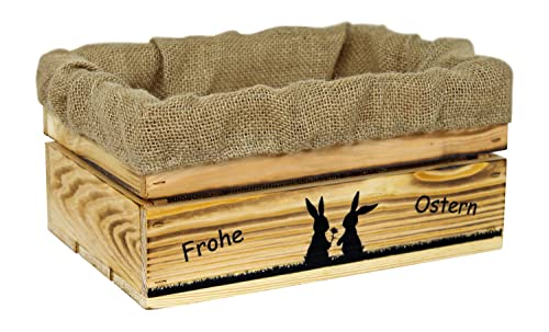 HW HOLZKISTEN-WELT Holzkiste Natur Geflammt mit Aufdruck Frohe Ostern Hasenpärchen mit Juteeinlage - Osterkiste Geschenkverpackung Präsentkorb Geschenk von HW HOLZKISTEN-WELT