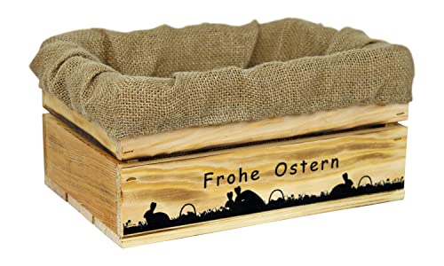 HW HOLZKISTEN-WELT Holzkiste Natur Geflammt mit Aufdruck Frohe Ostern Paarungszeit mit Juteeinlage - Osterkiste Geschenkverpackung Präsentkorb Geschenk von HW HOLZKISTEN-WELT