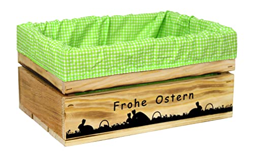 HW HOLZKISTEN-WELT Holzkiste Natur Geflammt mit Aufdruck Frohe Ostern Paarungszeit mit Stoffeinlage Grün Weiß - Osterkiste Geschenkverpackung Präsentkorb Geschenk von HW HOLZKISTEN-WELT