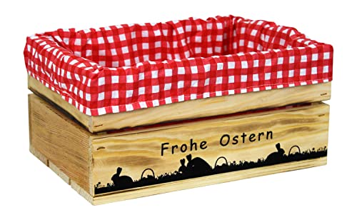 HW HOLZKISTEN-WELT Holzkiste Natur Geflammt mit Aufdruck Frohe Ostern Paarungszeit mit Stoffeinlage Rot Weiß - Osterkiste Geschenkverpackung Präsentkorb Geschenk von HW HOLZKISTEN-WELT