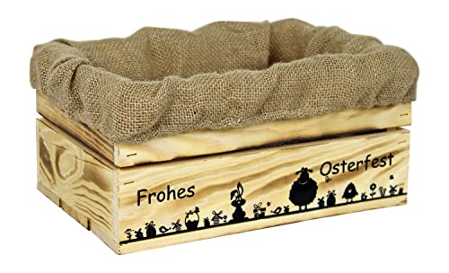 HW HOLZKISTEN-WELT Holzkiste Natur Geflammt mit Aufdruck Frohes Osterfest Hase Schaf mit Juteeinlage - Osterkiste Geschenkverpackung Präsentkorb Geschenk von HW HOLZKISTEN-WELT