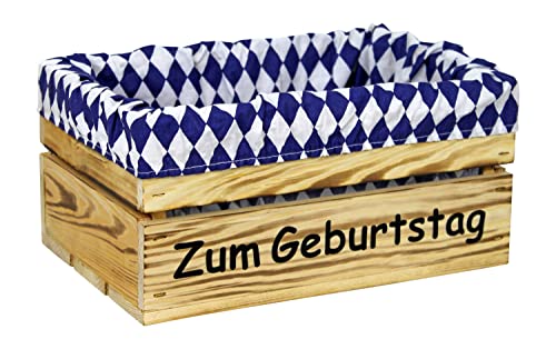 HW HOLZKISTEN-WELT Holzkiste Natur Geflammt mit Aufdruck Zum Geburtstag mit Stoffeinlage Blau Weiß - Stiege Steige Geschenkverpackung Präsentkorb Geschenk von HW HOLZKISTEN-WELT