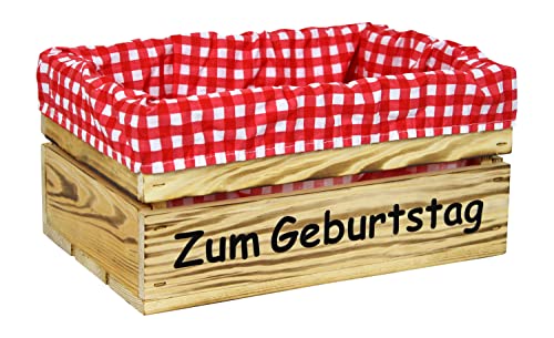 HW HOLZKISTEN-WELT Holzkiste Natur Geflammt mit Aufdruck Zum Geburtstag mit Stoffeinlage Rot Weiß - Stiege Steige Geschenkverpackung Präsentkorb Geschenk von HW HOLZKISTEN-WELT