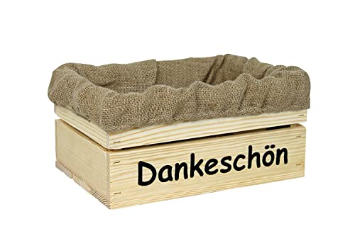 HW HOLZKISTEN-WELT Holzkiste Natur mit Aufdruck Dankeschön mit Juteeinlage - Stiege Steige Geschenkverpackung Präsentkorb Geschenk von HW HOLZKISTEN-WELT