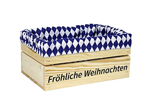 HW HOLZKISTEN-WELT Holzkiste Natur mit Aufdruck Fröhliche Weihnachten mit Stoffeinlage Blau Weiß - Stiege Steige Geschenkverpackung Präsentkorb Geschenk von HW HOLZKISTEN-WELT