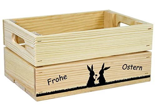 HW HOLZKISTEN-WELT Holzkiste Natur mit Aufdruck Frohe Ostern Hasenpärchen - Osterkiste Geschenkverpackung Präsentkorb Geschenk von HW HOLZKISTEN-WELT