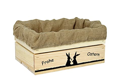 HW HOLZKISTEN-WELT Holzkiste Natur mit Aufdruck Frohe Ostern Hasenpärchen mit Juteeinlage - Osterkiste Geschenkverpackung Präsentkorb Geschenk von HW HOLZKISTEN-WELT