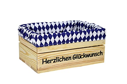 HW HOLZKISTEN-WELT Holzkiste Natur mit Aufdruck Herzlichen Glückwunsch mit Stoffeinlage Blau Weiß - Stiege Steige Geschenkverpackung Präsentkorb Geschenk von HW HOLZKISTEN-WELT