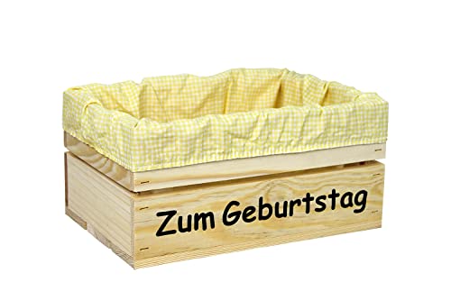 HW HOLZKISTEN-WELT Holzkiste Natur mit Aufdruck Zum Geburtstag mit Stoffeinlage Gelb Weiß - Stiege Steige Geschenkverpackung Präsentkorb Geschenk von HW HOLZKISTEN-WELT