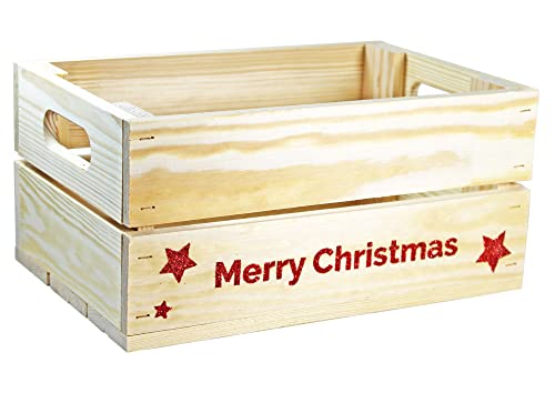 HW HOLZKISTEN-WELT Holzkiste Natur mit Rot-Glitter-Aufdruck Merry Christmas - Stiege Steige Weihnachten Präsentkorb Geschenk von HW HOLZKISTEN-WELT