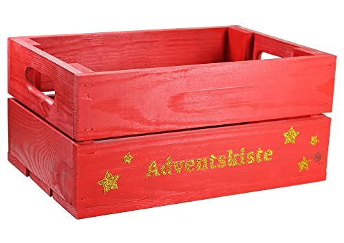 HW HOLZKISTEN-WELT Holzkiste Rot mit Gold-Glitter-Aufdruck Adventskiste - Stiege Steige Weihnachten Präsentkorb Geschenk von HW HOLZKISTEN-WELT