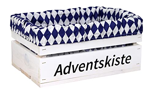 HW HOLZKISTEN-WELT Holzkiste Weiß mit Aufdruck Adventskiste mit Stoffeinlage Blau Weiß - Stiege Steige Geschenkverpackung Präsentkorb Geschenk von HW HOLZKISTEN-WELT