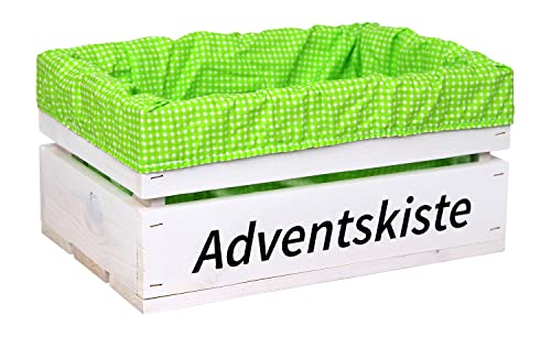 HW HOLZKISTEN-WELT Holzkiste Weiß mit Aufdruck Adventskiste mit Stoffeinlage Grün Weiß - Stiege Steige Geschenkverpackung Präsentkorb Geschenk von HW HOLZKISTEN-WELT