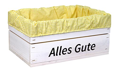 HW HOLZKISTEN-WELT Holzkiste Weiß mit Aufdruck Alles Gute mit Stoffeinlage Gelb Weiß - Stiege Steige Geschenkverpackung Präsentkorb Geschenk von HW HOLZKISTEN-WELT