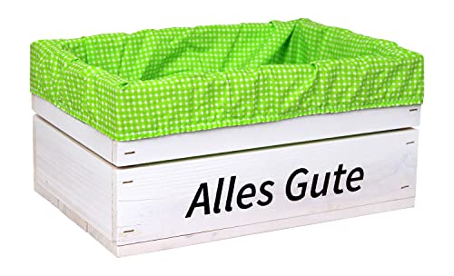 HW HOLZKISTEN-WELT Holzkiste Weiß mit Aufdruck Alles Gute mit Stoffeinlage Grün Weiß - Stiege Steige Geschenkverpackung Präsentkorb Geschenk von HW HOLZKISTEN-WELT