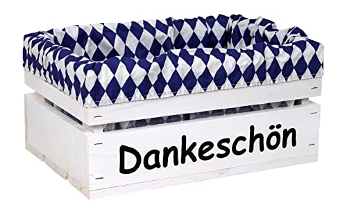 HW HOLZKISTEN-WELT Holzkiste Weiß mit Aufdruck Dankeschön mit Stoffeinlage Blau Weiß - Stiege Steige Geschenkverpackung Präsentkorb Geschenk von HW HOLZKISTEN-WELT