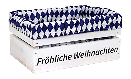 HW HOLZKISTEN-WELT Holzkiste Weiß mit Aufdruck Fröhliche Weihnachten mit Stoffeinlage Blau Weiß - Stiege Steige Geschenkverpackung Präsentkorb Geschenk von HW HOLZKISTEN-WELT
