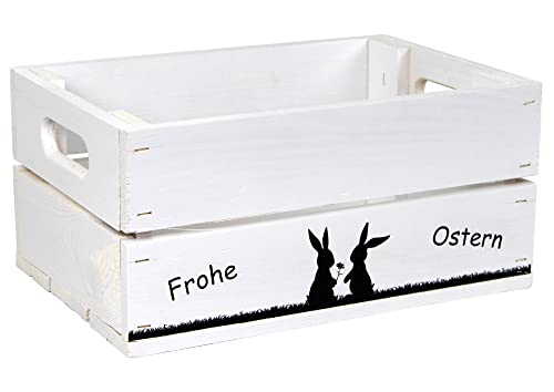 HW HOLZKISTEN-WELT Holzkiste Weiß mit Aufdruck Frohe Ostern Hasenpärchen - Osterkiste Geschenkverpackung Präsentkorb Geschenk von HW HOLZKISTEN-WELT