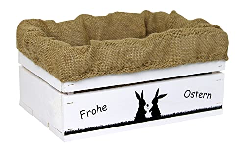 HW HOLZKISTEN-WELT Holzkiste Weiß mit Aufdruck Frohe Ostern Hasenpärchen mit Juteeinlage - Osterkiste Geschenkverpackung Präsentkorb Geschenk von HW HOLZKISTEN-WELT