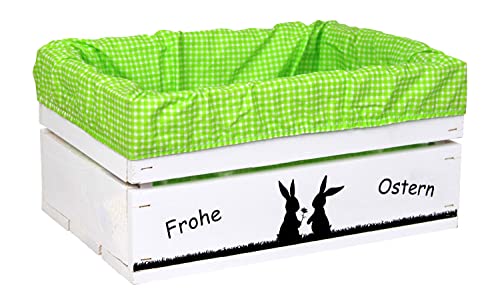 HW HOLZKISTEN-WELT Holzkiste Weiß mit Aufdruck Frohe Ostern Hasenpärchen mit Stoffeinlage Grün Weiß - Osterkiste Geschenkverpackung Präsentkorb Geschenk von HW HOLZKISTEN-WELT