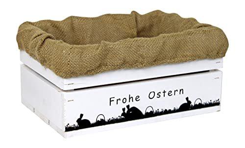 HW HOLZKISTEN-WELT Holzkiste Weiß mit Aufdruck Frohe Ostern Paarungszeit mit Juteeinlage - Osterkiste Geschenkverpackung Präsentkorb Geschenk von HW HOLZKISTEN-WELT