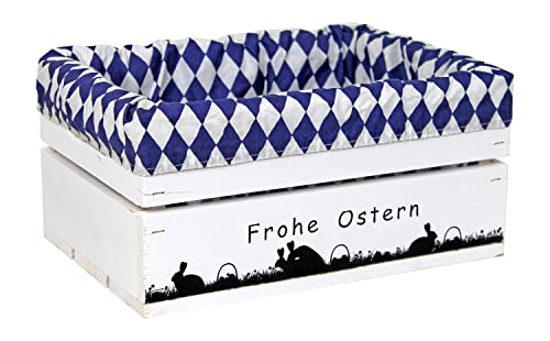 HW HOLZKISTEN-WELT Holzkiste Weiß mit Aufdruck Frohe Ostern Paarungszeit mit Stoffeinlage Blau Weiß - Osterkiste Geschenkverpackung Präsentkorb Geschenk von HW HOLZKISTEN-WELT