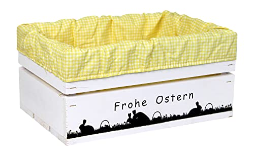 HW HOLZKISTEN-WELT Holzkiste Weiß mit Aufdruck Frohe Ostern Paarungszeit mit Stoffeinlage Gelb Weiß - Osterkiste Geschenkverpackung Präsentkorb Geschenk von HW HOLZKISTEN-WELT