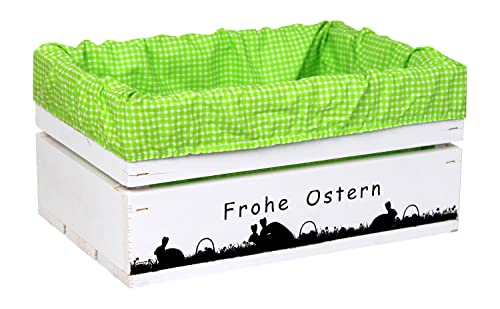 HW HOLZKISTEN-WELT Holzkiste Weiß mit Aufdruck Frohe Ostern Paarungszeit mit Stoffeinlage Grün Weiß - Osterkiste Geschenkverpackung Präsentkorb Geschenk von HW HOLZKISTEN-WELT