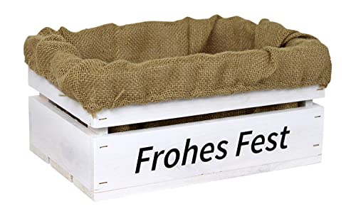 HW HOLZKISTEN-WELT Holzkiste Weiß mit Aufdruck Frohes Fest mit Juteeinlage - Stiege Steige Geschenkverpackung Präsentkorb Geschenk von HW HOLZKISTEN-WELT