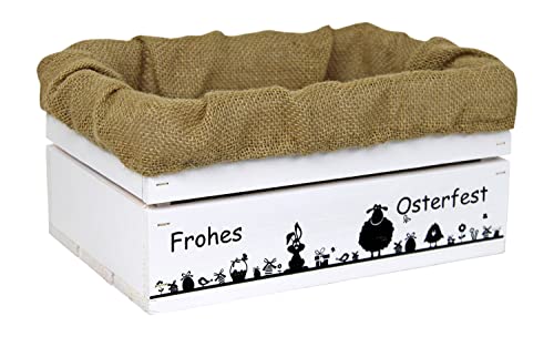 HW HOLZKISTEN-WELT Holzkiste Weiß mit Aufdruck Frohes Osterfest Hase Schaf mit Juteeinlage - Osterkiste Geschenkverpackung Präsentkorb Geschenk von HW HOLZKISTEN-WELT
