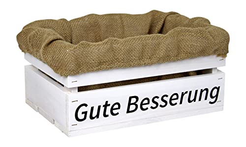 HW HOLZKISTEN-WELT Holzkiste Weiß mit Aufdruck Gute Besserung mit Juteeinlage - Stiege Steige Geschenkverpackung Präsentkorb Geschenk von HW HOLZKISTEN-WELT