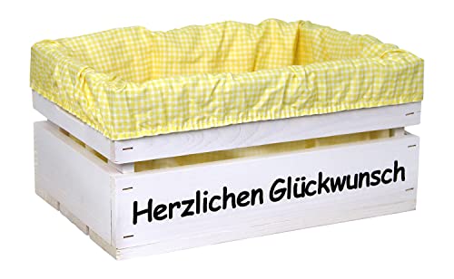 HW HOLZKISTEN-WELT Holzkiste Weiß mit Aufdruck Herzlichen Glückwunsch mit Stoffeinlage Gelb Weiß - Stiege Steige Geschenkverpackung Präsentkorb Geschenk von HW HOLZKISTEN-WELT