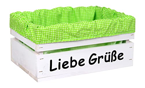 HW HOLZKISTEN-WELT Holzkiste Weiß mit Aufdruck Liebe Grüße mit Stoffeinlage Grün Weiß - Stiege Steige Geschenkverpackung Präsentkorb Geschenk von HW HOLZKISTEN-WELT