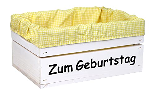 HW HOLZKISTEN-WELT Holzkiste Weiß mit Aufdruck Zum Geburtstag mit Stoffeinlage Gelb Weiß - Stiege Steige Geschenkverpackung Präsentkorb Geschenk von HW HOLZKISTEN-WELT