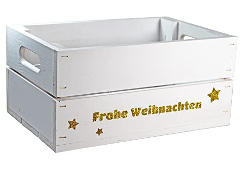 HW HOLZKISTEN-WELT Holzkiste Weiß mit Gold-Glitter-Aufdruck Frohe Weihnachten - Stiege Steige Präsentkorb Geschenk von HW HOLZKISTEN-WELT