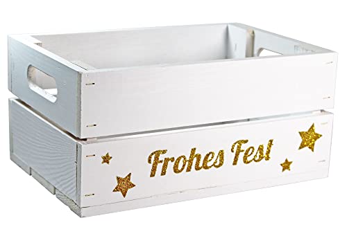 HW HOLZKISTEN-WELT Holzkiste Weiß mit Gold-Glitter-Aufdruck Frohes Fest - Stiege Steige Weihnachten Präsentkorb Geschenk von HW HOLZKISTEN-WELT