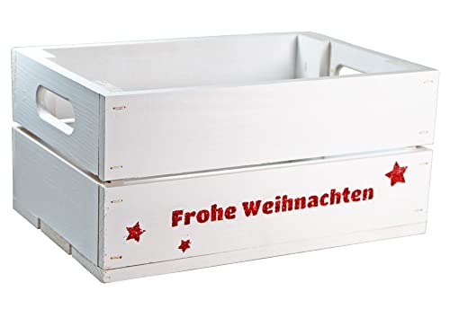 HW HOLZKISTEN-WELT Holzkiste Weiß mit Rot-Glitter-Aufdruck Frohe Weihnachten - Stiege Steige Präsentkorb Geschenk von HW HOLZKISTEN-WELT