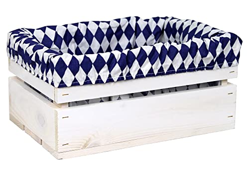 HW HOLZKISTEN-WELT Holzkiste Weiß ohne Aufdruck mit Stoffeinlage Blau Weiß - Stiege Steige Geschenkverpackung Präsentkorb Geschenk von HW HOLZKISTEN-WELT