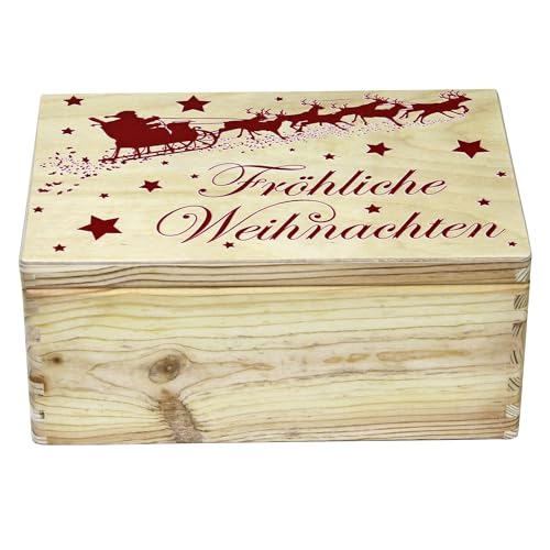 HW HOLZKISTEN-WELT Holzkiste mit Klappdeckel und Grifflöchern mit Aufdruck Fröhliche Weihnachten Geschenkbox von HW HOLZKISTEN-WELT