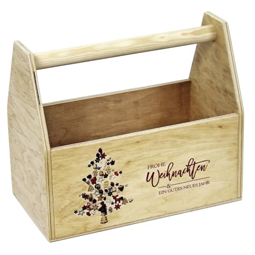 HW HOLZKISTEN-WELT Holzkiste mit Tragegriff mit Aufdruck Frohe Weihnachten und ein gutes neues Jahr Geschenkbox von HW HOLZKISTEN-WELT