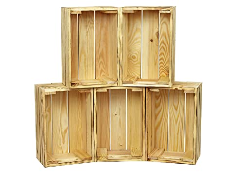 HW HOLZKISTEN-WELT Holzkiste 5er Set Natur Geflammt ohne Aufdruck - Stiege Steige Geschenkverpackung Präsentkorb Geschenk von HW HOLZKISTEN-WELT