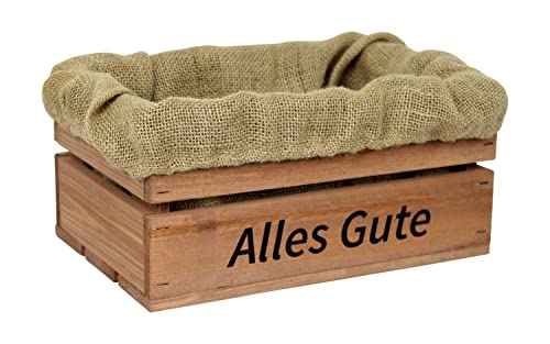 HW HOLZKISTEN-WELT Holzkiste Braun mit Aufdruck Alles Gute mit Juteeinlage - Stiege Steige Geschenkverpackung Präsentkorb Geschenk von HW HOLZKISTEN-WELT