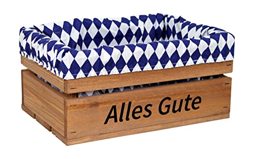 HW HOLZKISTEN-WELT Holzkiste Braun mit Aufdruck Alles Gute mit Stoffeinlage Blau Weiß - Stiege Steige Geschenkverpackung Präsentkorb Geschenk von HW HOLZKISTEN-WELT