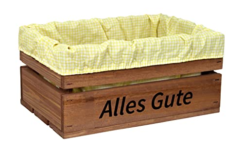 HW HOLZKISTEN-WELT Holzkiste Braun mit Aufdruck Alles Gute mit Stoffeinlage Gelb Weiß - Stiege Steige Geschenkverpackung Präsentkorb Geschenk von HW HOLZKISTEN-WELT