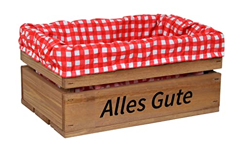 HW HOLZKISTEN-WELT Holzkiste Braun mit Aufdruck Alles Gute mit Stoffeinlage Rot Weiß - Stiege Steige Geschenkverpackung Präsentkorb Geschenk von HW HOLZKISTEN-WELT