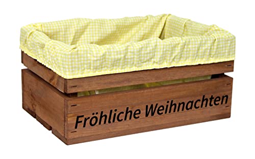 Holzkiste Braun mit Aufdruck Fröhliche Weihnachten mit Stoffeinlage Gelb Weiß - Stiege Steige Geschenkverpackung Präsentkorb Geschenk von HW HOLZKISTEN-WELT