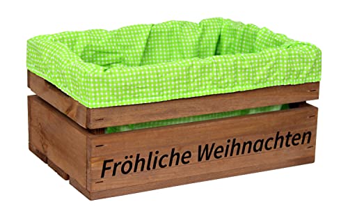 Holzkiste Braun mit Aufdruck Fröhliche Weihnachten mit Stoffeinlage Grün Weiß - Stiege Steige Geschenkverpackung Präsentkorb Geschenk von HW HOLZKISTEN-WELT