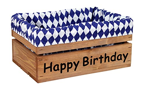 Holzkiste Braun mit Aufdruck Happy Birthday mit Stoffeinlage Blau Weiß - Stiege Steige Geschenkverpackung Präsentkorb Geschenk von HW HOLZKISTEN-WELT